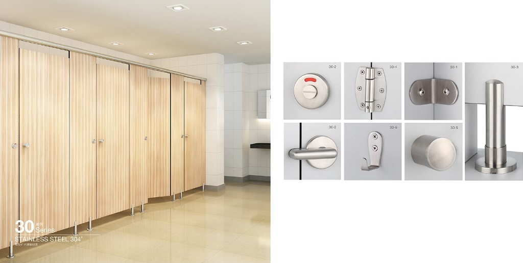 Vách ngăn vệ sinh Compact HPL dày 12mm màu vân gỗ 3 Vách ngăn vệ sinh Compact hệ phụ kiện inox 304 đang thịnh hành